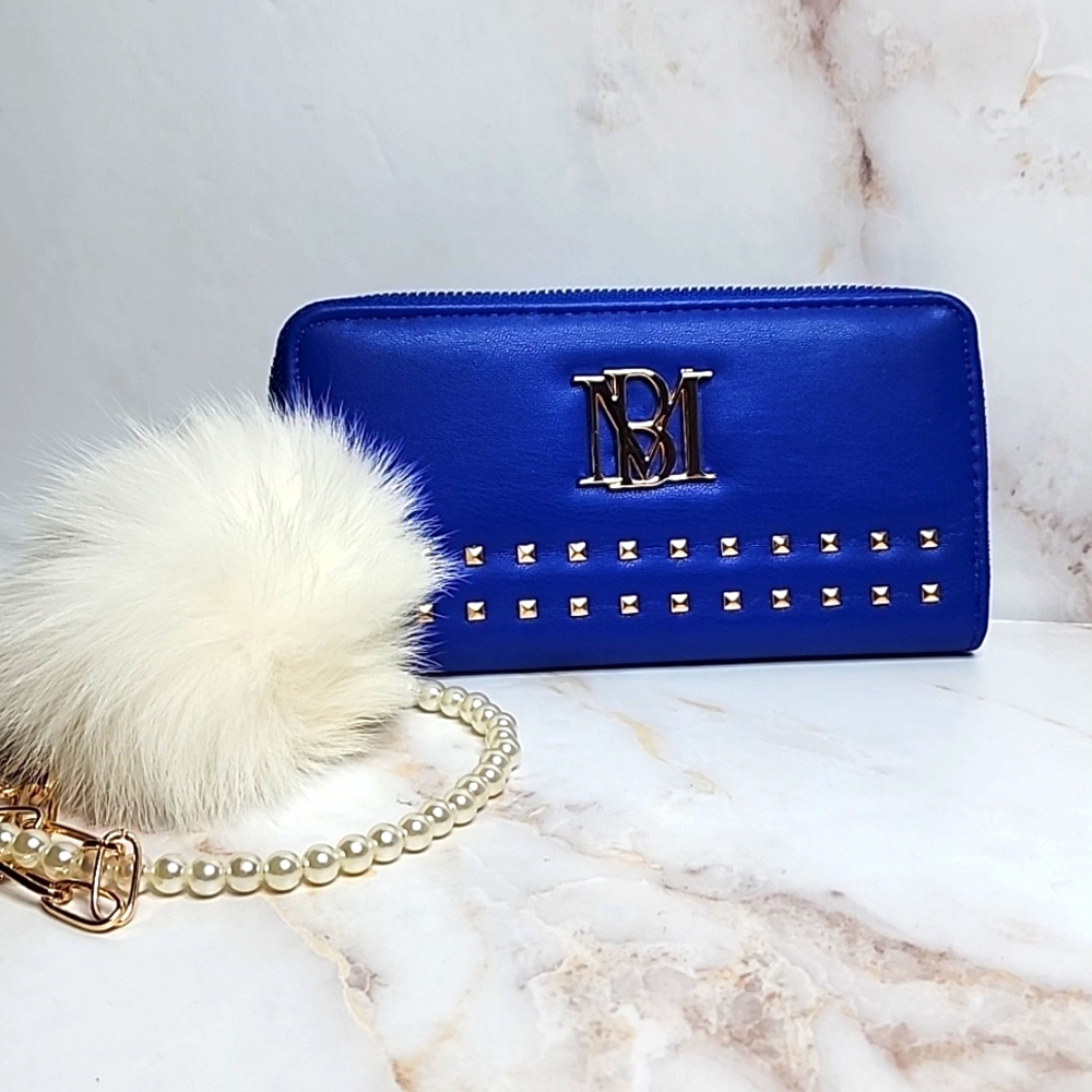 Badgley Mischka blue wallet wristlet with real fur pompom and pearls new